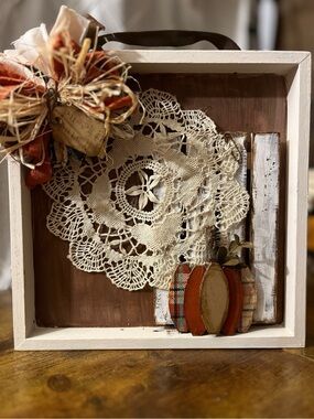 Hand Crafted Orange and Cream Doily Pumpkin Shadow Box